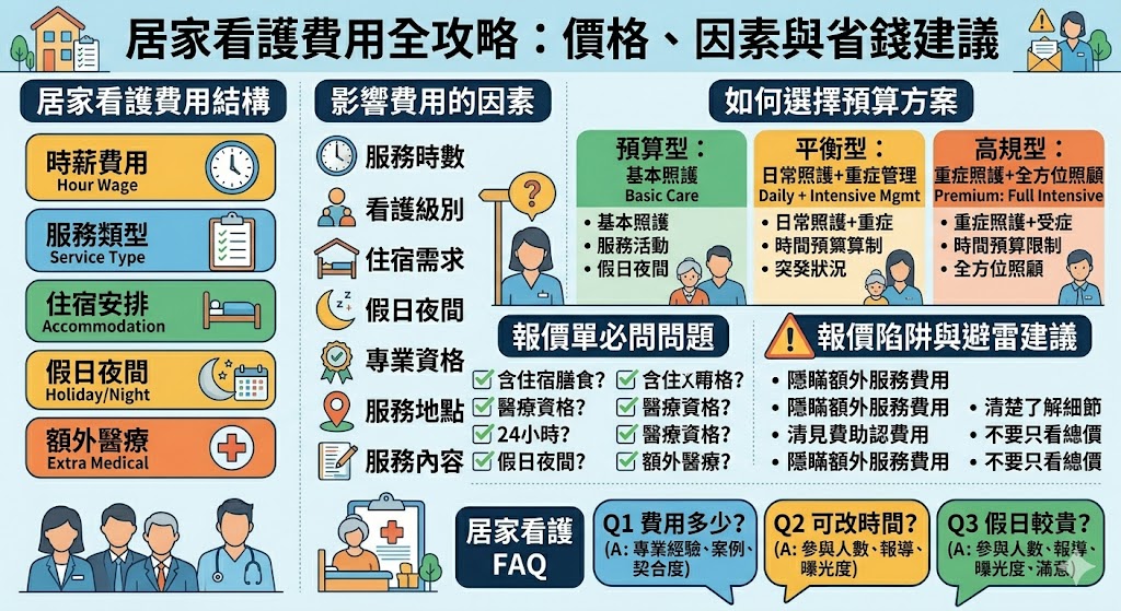 居家看護費用的計算涉及多個因素，從基本的日常照護到重症看護，費用差異很大。了解居家看護費用的結構，對於家庭在選擇合適服務時至關重要。無論是時薪費用、看護專業等級，還是是否需要額外的醫療照護，都會影響最終的報價。本文將幫助您理解居家看護費用的組成與影響因素，讓您更輕鬆選擇適合的看護方案。
