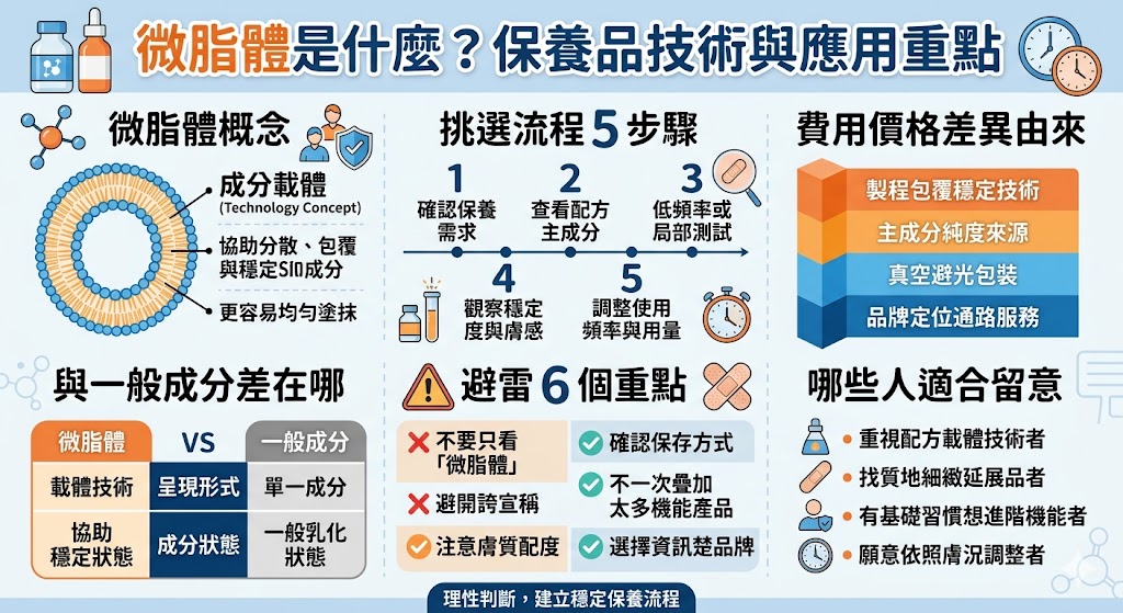 微脂體是近年常見於保養品與成分包覆技術中的配方概念，透過微脂體載體設計，有助於成分分散、穩定與提升使用時的均勻塗抹感。選擇微脂體產品時，建議同時查看主成分、膚質適配度、使用方式與品牌資訊，避免只因行銷標語購買，才能更理性判斷產品是否符合日常保養需求。
