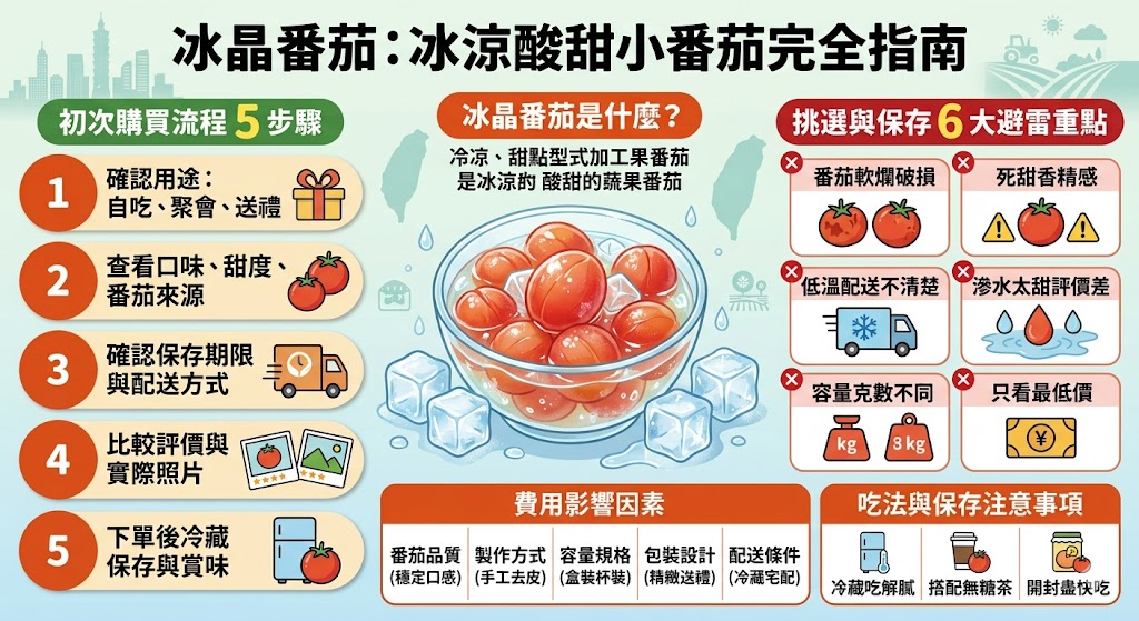 冰晶番茄是近年很受歡迎的清爽點心，口感冰涼酸甜，適合飯後解膩、下午茶、聚會分享或作為精緻伴手禮。挑選冰晶番茄時，建議留意番茄品質、調味比例、保存方式、冷藏配送與實際評價，避免只看價格而忽略口感與新鮮度。本文整理冰晶番茄的特色、購買流程、費用影響、保存方式與常見問題，幫助第一次購買的人更快找到適合的冰晶番茄。